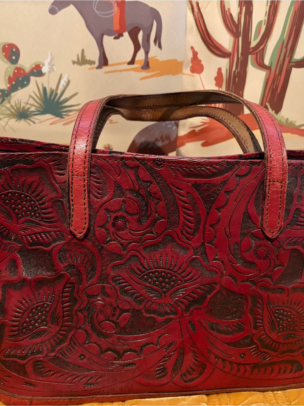 Women's Red Tooled Leather Tote Bag